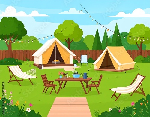Outdoor camping scene with tents and furniture