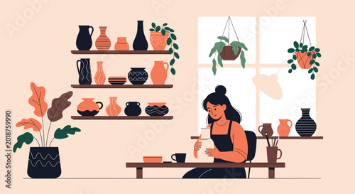 Female artisan creating ceramic pot in her creative pottery studio surrounded by finished vases and lush indoor plants.