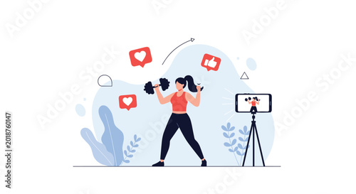 Active woman records her fitness workout routine using a smartphone on a tripod while lifting a heavy dumbbell at her home.