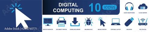 Digital computing icon set. Containing headphones, cloud server, desktop monitor, printer, download arrow, malware bug, mouse pointer, laptop, USB drive and more. Solid fill vector icons.