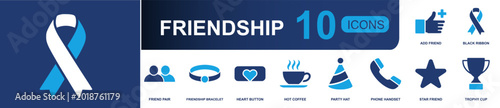 Friendship icon set. Containing add friend, black ribbon, friend pair, friendship bracelet, heart button, hot coffee, party hat, phone handset, trophy cup and more. Solid fill vector icons.