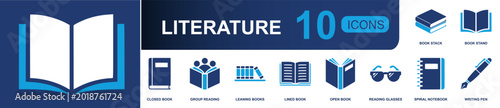 Literature icon set. Containing book stack, book stand, closed book, group reading, leaning books, lined book, open book, reading glasses, spiral notebook and more. Solid fill vector icons.
