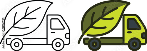 Hand drawn vector illustration of a delivery truck carrying a large green leaf, representing eco friendly transport, sustainable green logistics, and zero emission shipping.