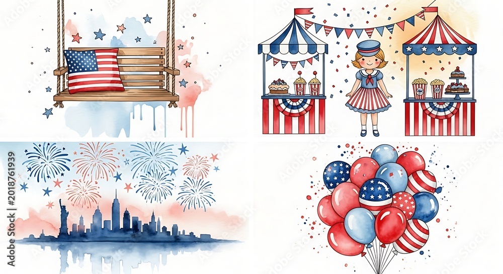 Obraz premium Set of watercolor illustrations for independence day celebration