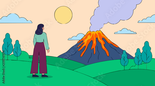 Canvas Print Woman observing an erupting volcano in a vibrant natural landscape illustration