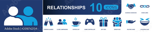Relationships icon set. Containing handshake, chain links, cheers glasses, close companions, coffee cup, game controller, gift box, group hug, helping hand and more. Solid fill vector icons.