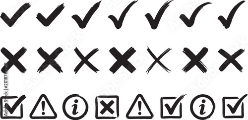 Hand drawn check mark, cross, and warning icon set