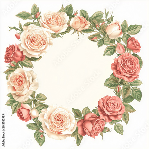 Roses in a circle with a blank space in the middle for writing. Copy space for text. Banner. White background. 