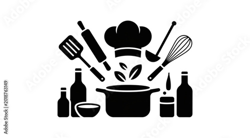 Bild auf Leinwand Cooking and kitchen tools set with chef hat, bottles, and utensils for cooking p