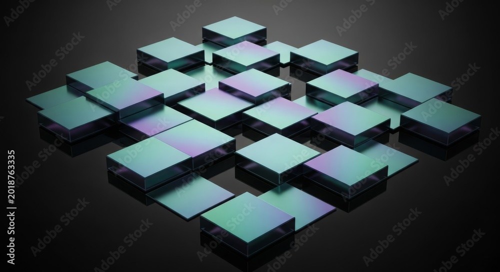 Fototapeta premium Iridescent Geometric Cubes Displaying Teal and Violet Hues in a Modern Abstract Pattern