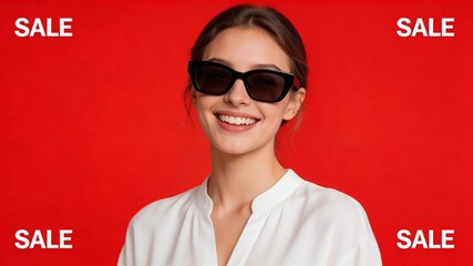 A beautiful woman in a white shirt and black sunglasses smiles at the camera, set against a bold red background with multiple sale signs, conveying a sense of fashion and discount