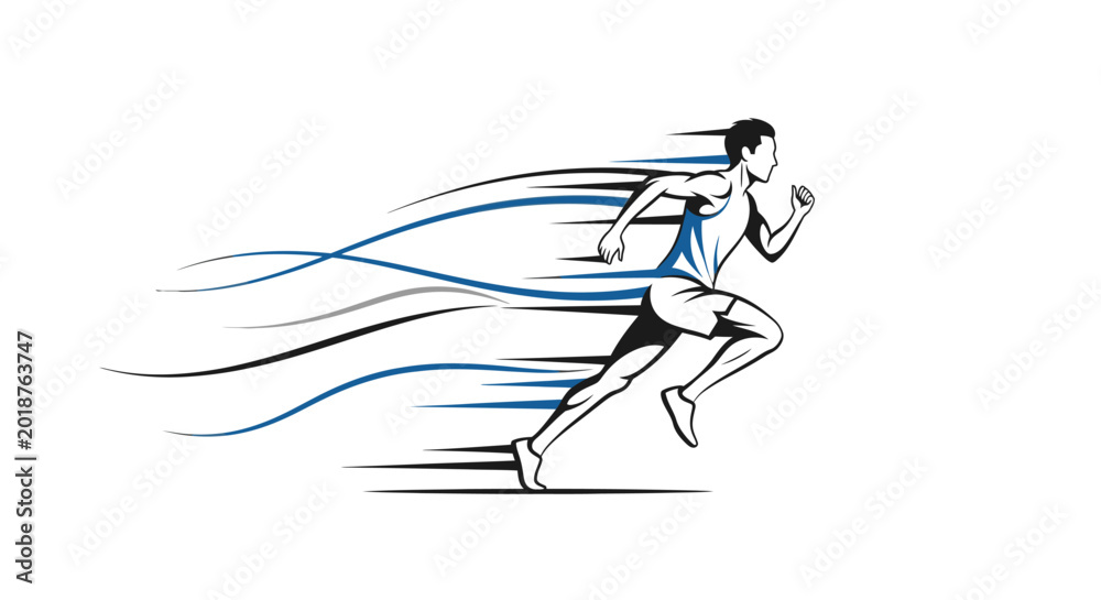 Fototapeta premium Dynamic athlete sprinting with speed trail lines on white background