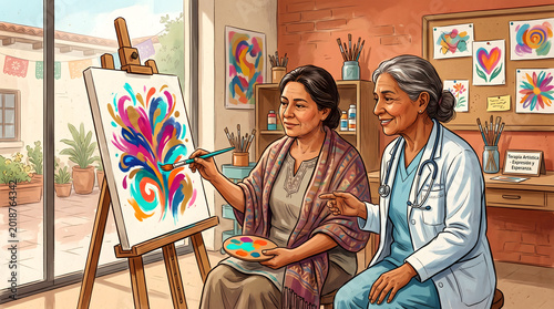 Latina therapist guides patient in art therapy session