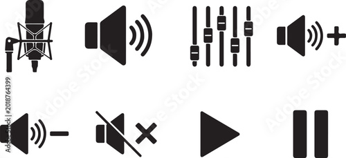 Sound, audio, music icons, vector set, 8 elements, black and white