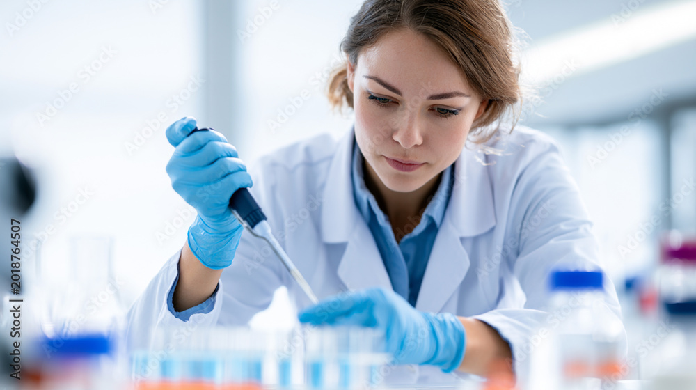 Fototapeta premium Female Scientist Conducting Experiment in Modern Science Laboratory – STEM Researcher Using Laboratory Equipment for Medical and Biology Innovation