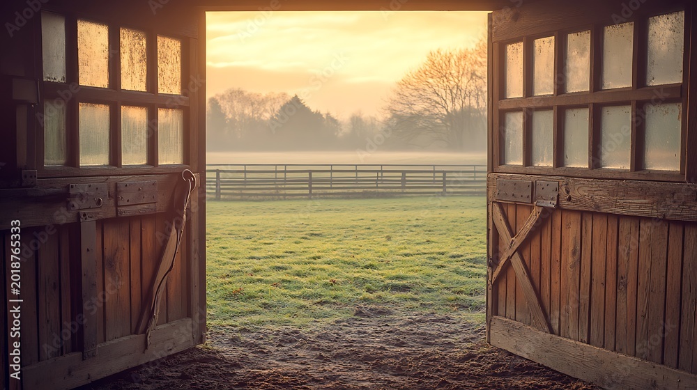 Fototapeta premium Open Barn Doors Overlooking a Misty Golden Hour Meadow at Sunrise.