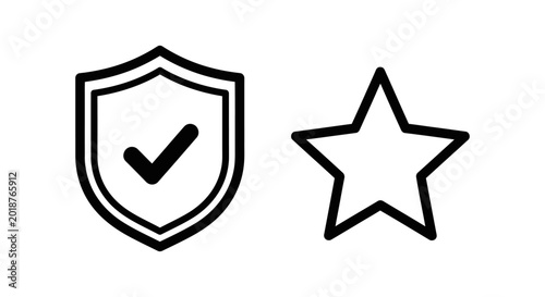Security shield with checkmark and star icon set checkmark security protection verified minimalist interface confirmation approved favorite checkbox pictogram development