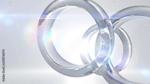 3D Render Of Abstract Floating Glass Rings On Minimalist White Background With Lens Flare