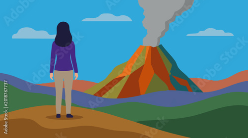 Foto Flat design illustration of a person observing an erupting volcano