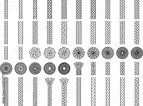 Variety of intricate rope and braided pattern designs in a detailed display, each design showcasing a unique texture and weave in a clean presentation.