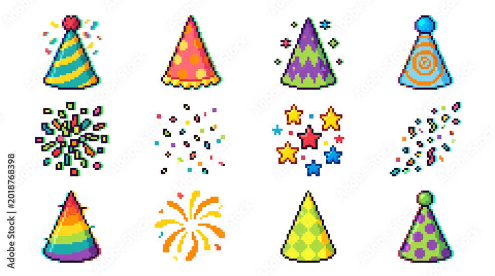 Fototapeta premium Colorful pixel art game element collection featuring festive party hats, exploding confetti, and celebratory graphics, perfect for digital designs and entertainment