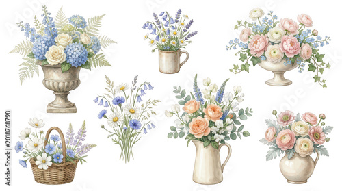 Watercolor illustrations of various floral arrangements in vases and containers  flowers transparent background