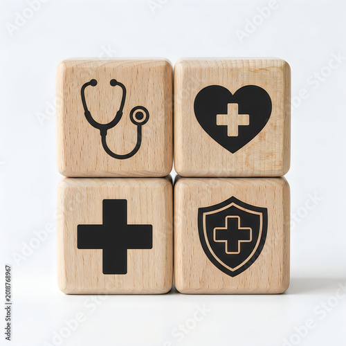 Wooden blocks with medical symbols on white surface