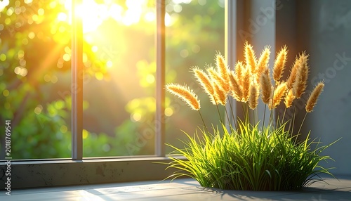 Golden sun rays streaming through a window onto a small potted plant with feathery seed heads, casting long shadows on a textured floor, serene and peaceful natural light scene