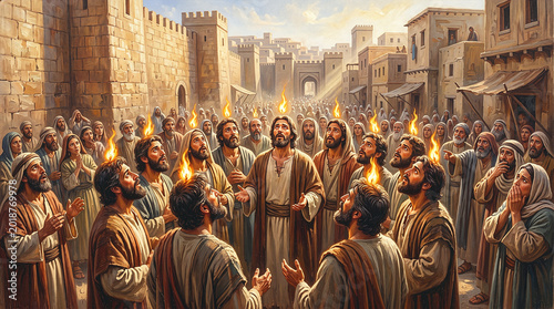 Classic oil painting of the Day of Pentecost, Holy Spirit tongues of fire descending on apostles. Biblical Christian illustration with ancient Jerusalem crowd and divine light.