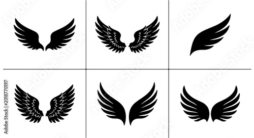 Billede på lærred Black Silhouette Wings Collection, Angelic Feathered Wing Icons, Heraldic Emblem