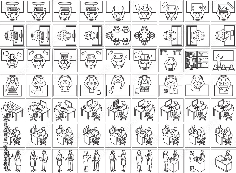 Obraz premium A dynamic collection of hand-drawn illustrations that show diverse scenes of office, teamwork, and business-related activities.