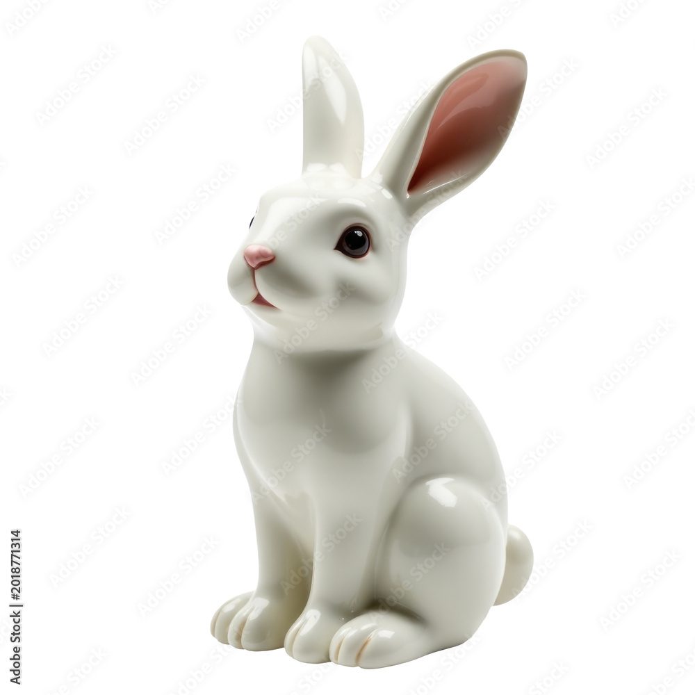 Fototapeta premium A detailed figurine of a white rabbit sits on a plain white surface, great for decorative or storytelling purposes