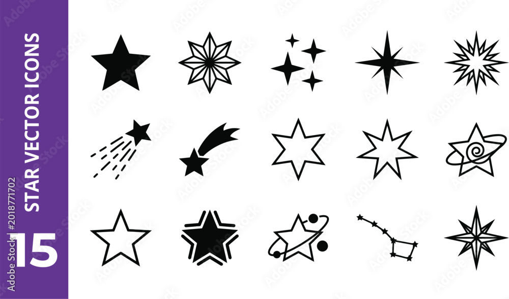 Fototapeta premium Collection of fifteen black star featuring various shapes including shooting stars constellations and geometric star symbols on a white background with a purple sidebar
