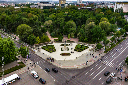 Aerial view of Stephen the Great monument and park in central Chisinau