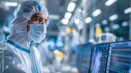 Medical professional in full protective PPE suit working in bright isolation ward with modern life support equipment and monitoring screens, hantavirus patient treatment environmen