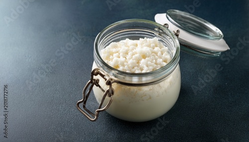 high angle view of milk kefir grains in glass jar for probiotic drink preparation