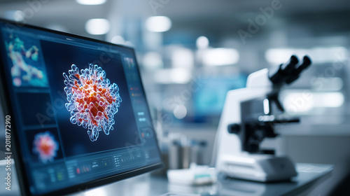 Close-up of bright electron microscope screen displaying hantavirus particle imagery in modern research laboratory with scientific instrumentation, contemporary virology diagnostic