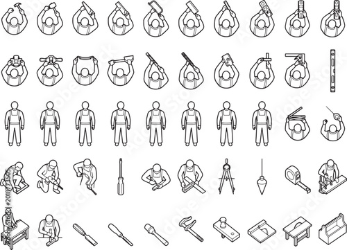 A top-down view of construction workers engaged in various tasks. A comprehensive visual guide showcasing construction tools and equipment.