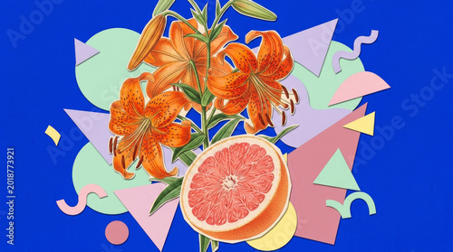 Vibrant orange lilies and a grapefruit are intertwined against a vivid blue background, complemented by playful geometric shapes in pastel colors.