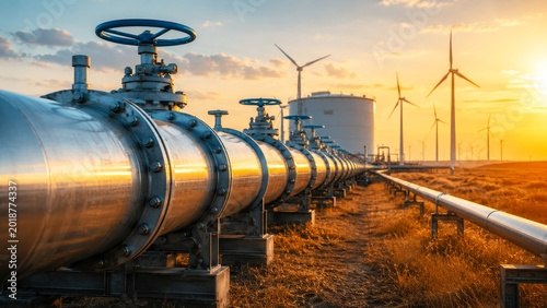 A pipeline stretches towards the horizon, accompanied by wind turbines, against a vibrant sunset, showcasing energy infrastructure in a rural setting.