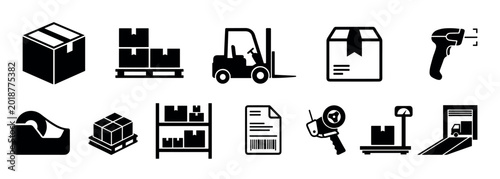 Logistics and shipping icons collection illustrating various warehouse operations and delivery processes for modern supply chain management and e-commerce businesses.