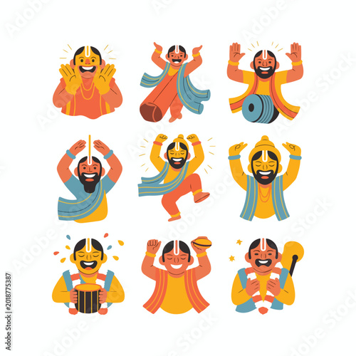 Fotografia rath yatra devotional dance flat sticker character icon set india