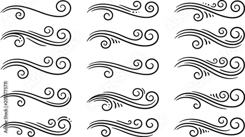 Hand drawn vector collection of wind gust symbols decorative swirls and filigree scrolls for creative graphic design