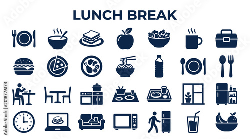 Foto Collection of food and meal icons representing lunch break and dining options