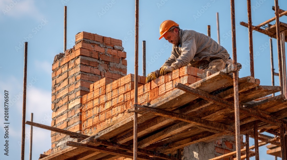 Naklejka premium A bricklayer hard at work during the ongoing construction of a residential building structure. The scene captures active masonry work, with careful placement of bricks.