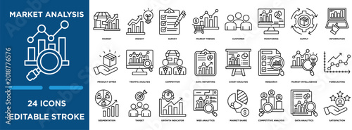 Market analysis  icon collection set. Containing design insight, survey, market trends, customer, monitoring, and traffic market icon. simple line vector editable