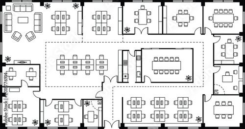 Top view floor plan of a modern office layout with desks and rooms Vector
