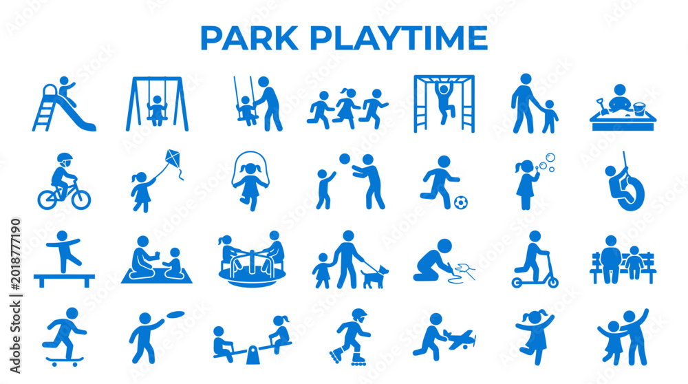 Obraz premium Park Playtime Icons Set: Diverse Children and Parents Enjoying Outdoor Activities Together on Playground Equipment and Games