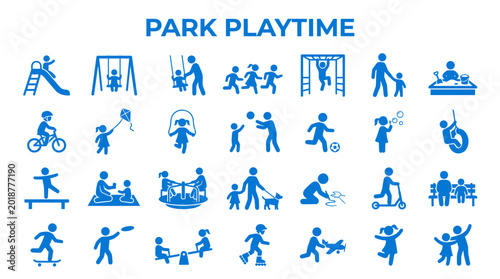 Foto Park Playtime Icons Set: Diverse Children and Parents Enjoying Outdoor Activitie