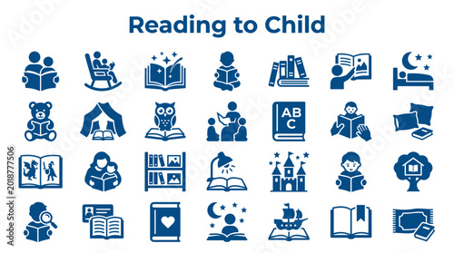 Bild auf Leinwand Collection of blue icons representing reading and childhood activities like stor
